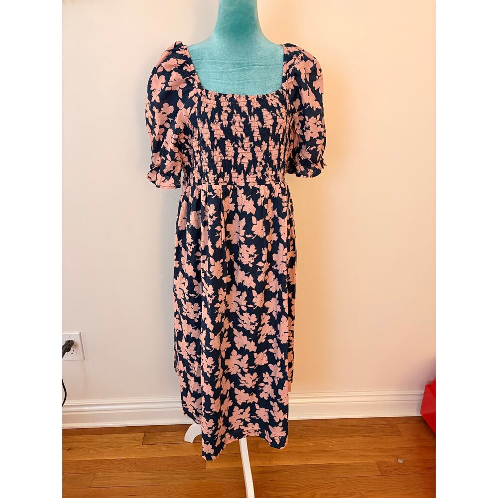 The Nines by Hatch Floral Smocked Maternity Midi Dress Small Pink Navy Coquette
